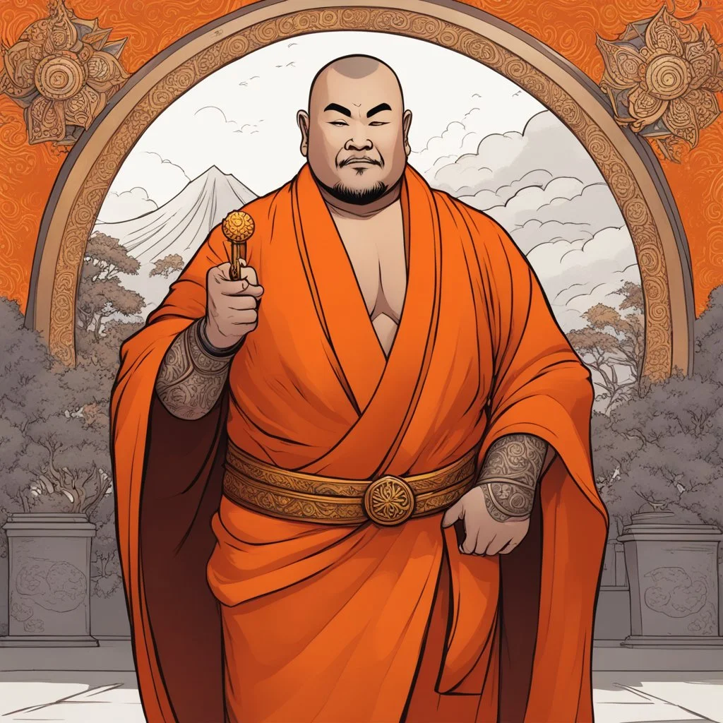 old fat menacing gangsta monk with tattoos is dressed with an orange buddah robe: page by artist Harvey Tolibao and colorist Rebecca Nalty for a tale. He points the camera to say "thank you", he holds a panel "Thank You!",