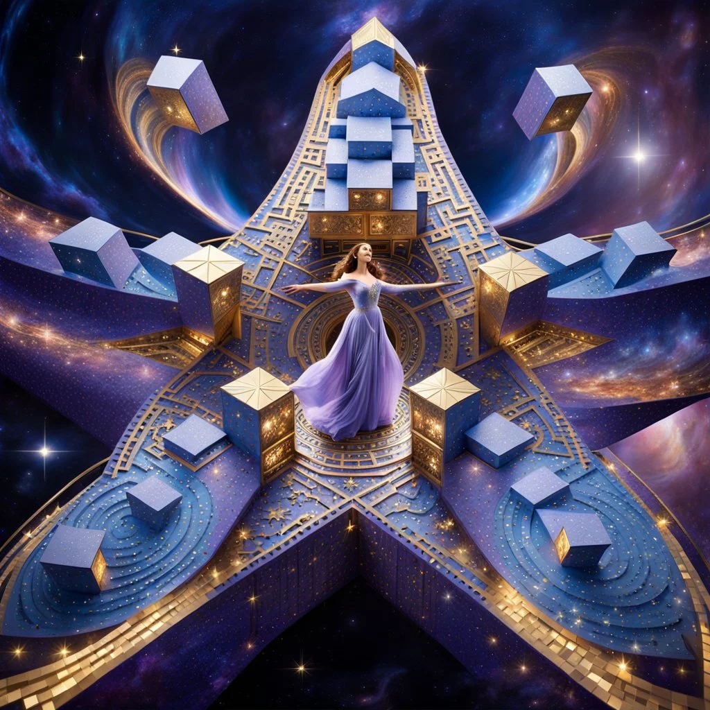 A surreal cosmic scene featuring an elegant woman in a flowing lavender and blue gown standing at the center of a massive five-pointed star-shaped platform floating in deep space. The star is constructed from intricate architectural elements - miniature buildings, geometric cubes, and stone blocks arranged in a mosaic pattern. Golden luminous trails and swirling energy ribbons spiral around the star's points. The background features a breathtaking nebula with purple, pink, and blue cosmic clouds