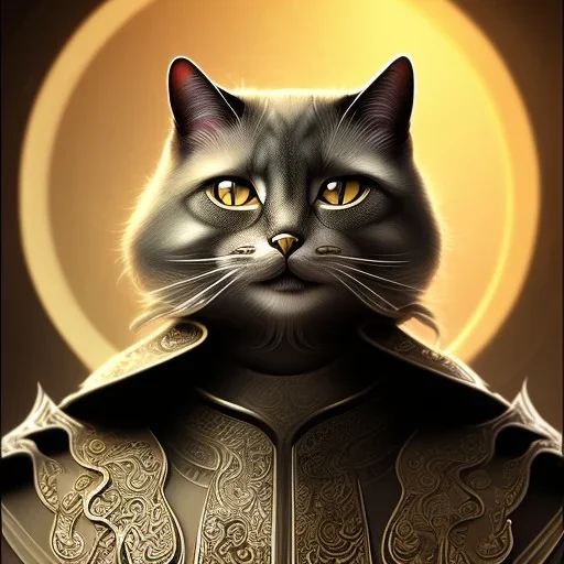 Character design, anthropomorphic cat dressed as a Shaolin, dark, evil, furious, epic, intricate details, finely detailed armor, silver, golden