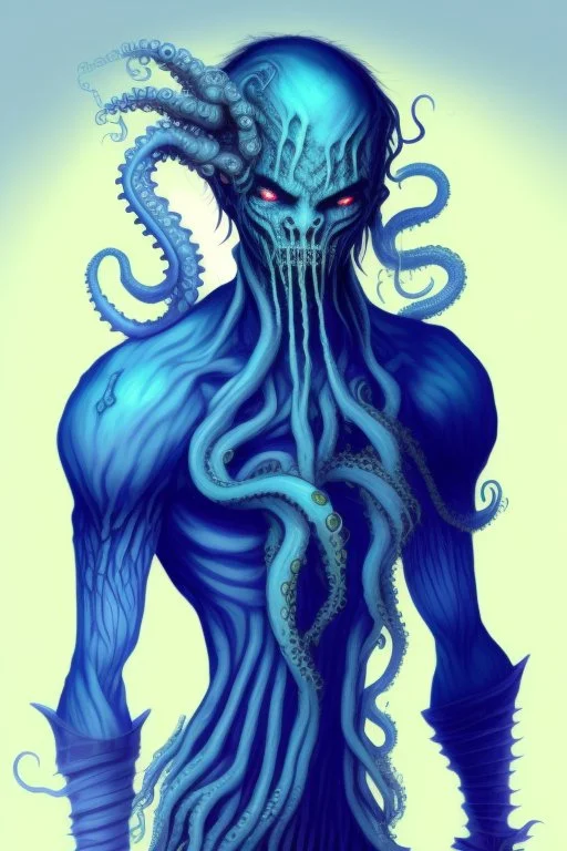 16 year old boy warlock with milky blue eyes, and fanged tentacle growing out of his belly. in the style of HR Giger