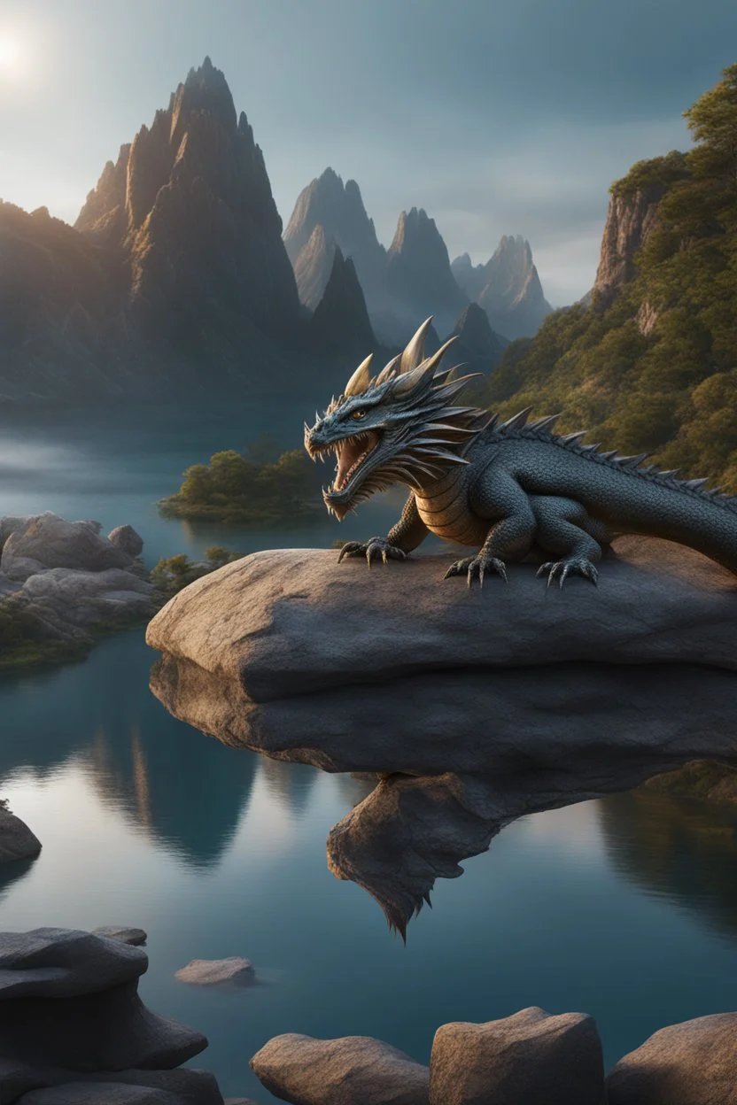 Ultra realistic photo of Dragon sitting on top of a rock next to a body of water concept ,full size, science, technology,future,electric ,futuristic style, design, practicality,manufacturability,performance, performance, HOF, professional photographer, captured with professional DSLR camera, trending on Artstation, 64k, full size, ultra detailed, ultra accurate detailed, bokeh lighting, surrealism, background,(((realism, realistic, realphoto, photography, portrait, , realistic, beautiful, elegan