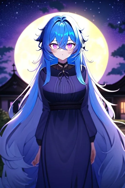 girl, masterpiece, best quality, cinematic lighting, detailed outfit, vibrant colors, perfect eyes, blue hair, absurdly long hair, purple eyes, messy hair, hair between eyes, outdoors, moon, night sky, starry sky,