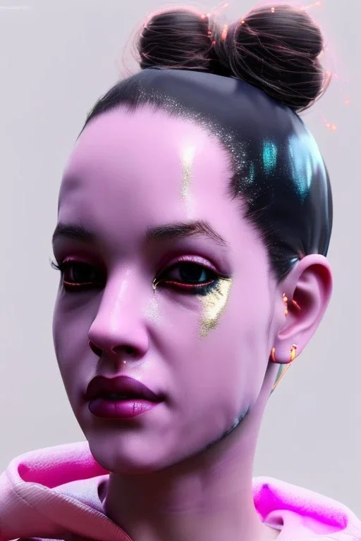 Ultra Realistic image, Rosalía artist, portrait, normal complexion, waist up portrait, long black eye line, sweet face, t-shirt with holes, inflatable hoodie, gold pink and blue style, spray glow make up, geometric led jewelry, fog, hot, inflatable style latex coat, vibrant color, highly detailed, art stations, concept art, smooth, unreal engine 5, god rays, ray tracing, RTX, lumen lighting, ultra detail, volumetric lighting, 3d, finely drawn, high definition, high resolution.