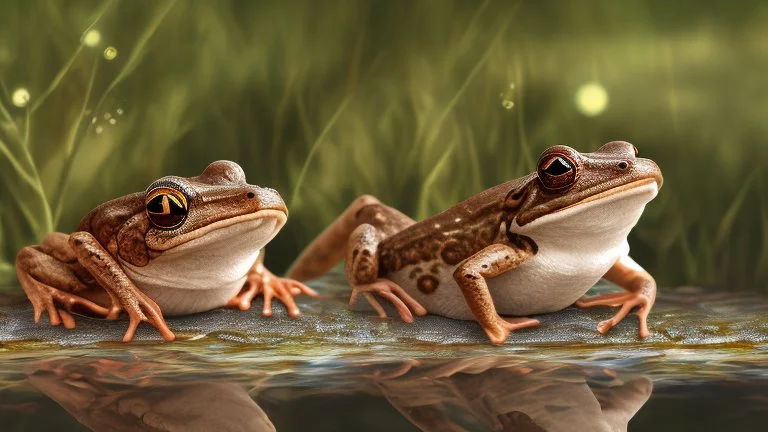 stylized and happy young brown frog with black stripes in its natural habitat at sunset, plain with wetlands, ravines, river with water hyacinth, ceibos and willows, dragonflies, beetles, dewdrops, digital art