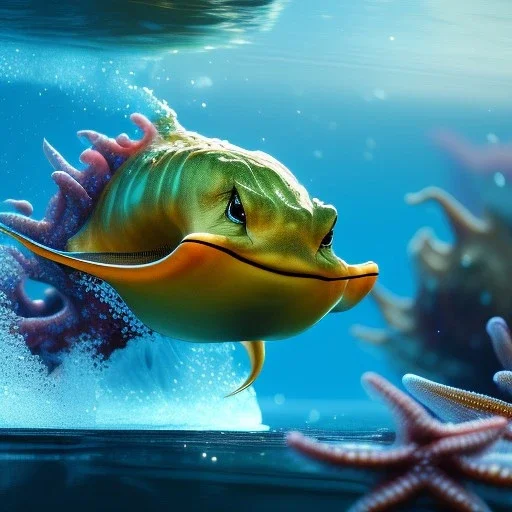 shiny sea creature splash in water, close up, unreal engine 5, 8k resolution, photorealistic, ultra detailed