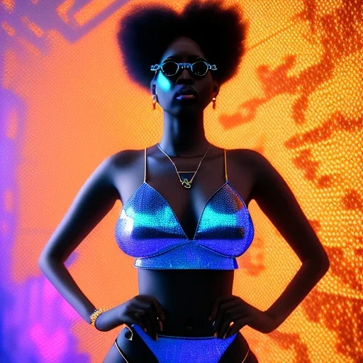 a black woman with blue crystal shiny sunglases dancing on the dancefloor, behind her is a grafitti, steam punk, realistic, made in octane, cinematic, ultra-realistic, extremely detailed octane rendering, 8K, VRAY Super Real ar 2:3, dof photorealistic futuristic 50mm lens hard lighting dark gray tintype photograph, realistic lighting