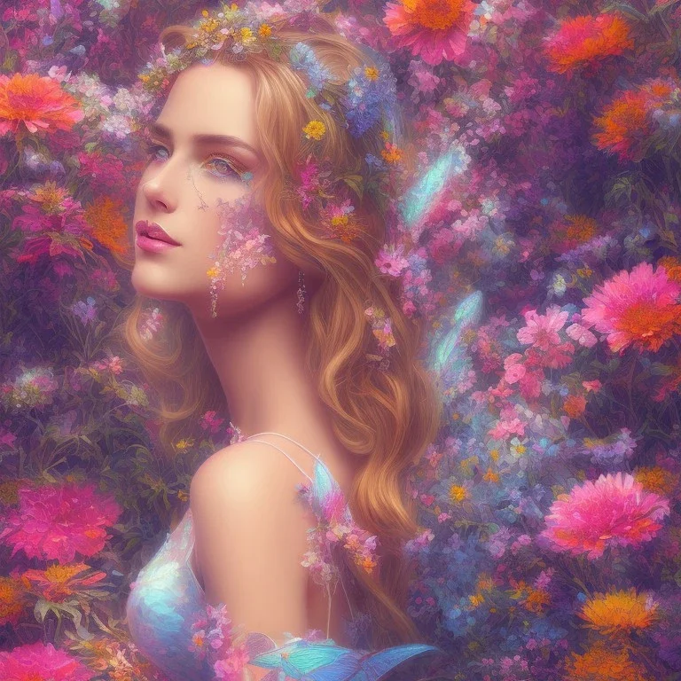 bright fairy in a flowery landscape synthwave, colorful, concept fairy art, smooth, extremely sharp detail, finely tuned detail, ultra high definition, 8 k