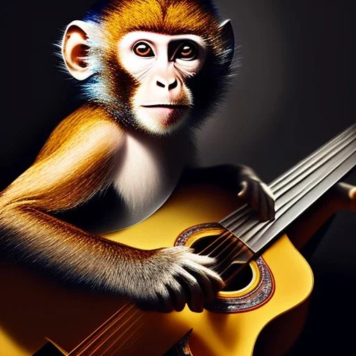 Audobon painting of a monkey playing a guitar, 6 strings, fingers