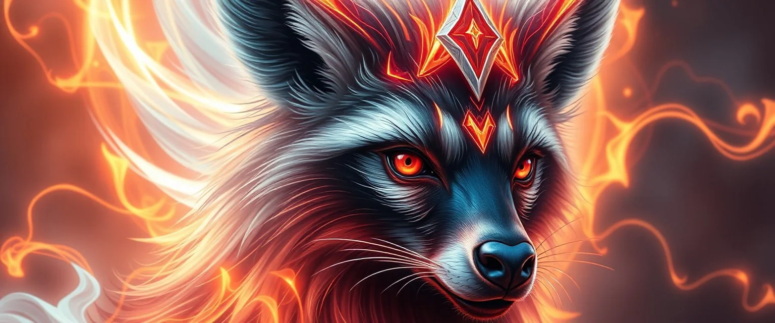 close up portrait of a plasma racoon fox horse king lama flickers like hypnotic fire in geometric shapes like a dna swirl of time and a fearsome planeswalker covered in powerful runes