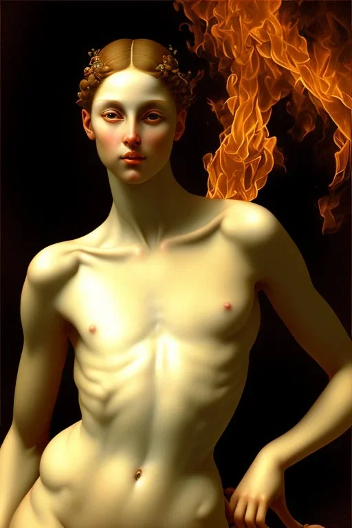 Fire theme art, Portrait of a naked woman by Michelangelo, 8K, close-up face