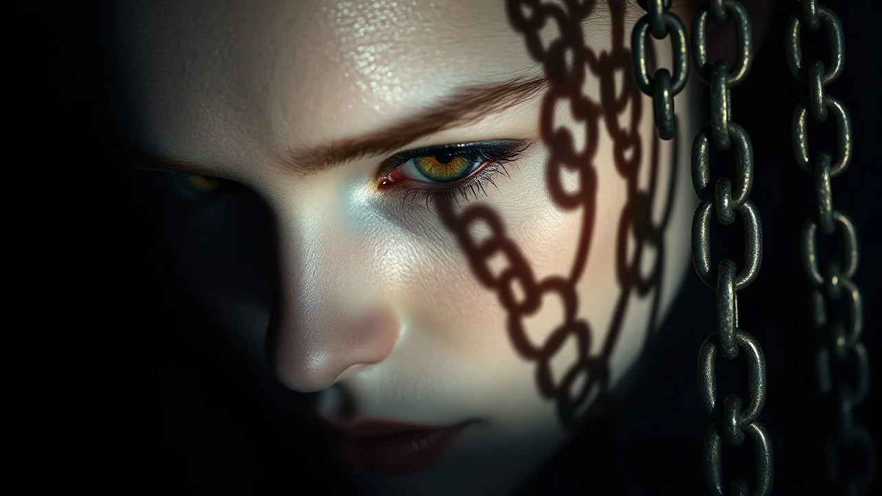 close up pale face with shadow dark gold eyes, , void, hyper-realistic detail, floats in deep darkness, deep blue abyss, shadow of chains is projected on her face, crepy stunning, dark, surreal vibe with meticulous clean pale skin dark golden eyes, dark shadow