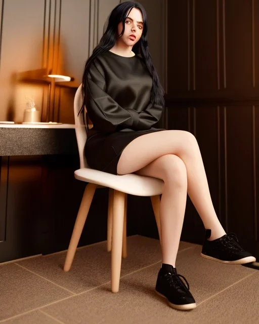 Billie Eilish, sitting on a chair, Black Short Dress, high detail, realistic