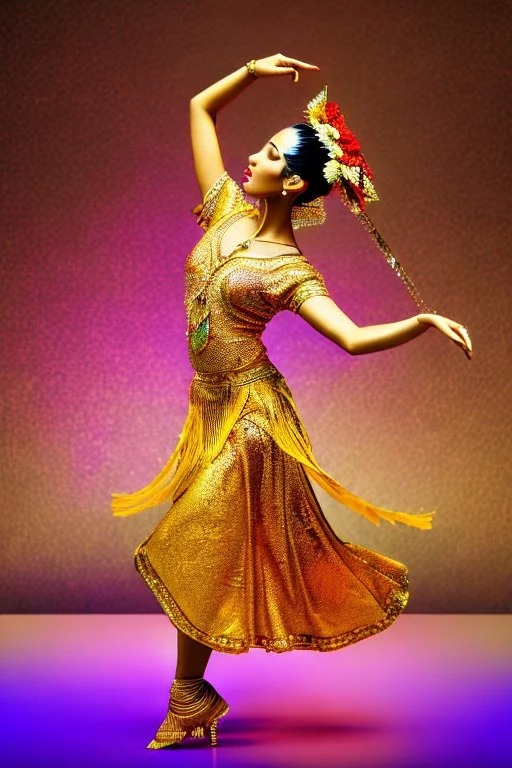 Azeri dancer golden statue in modern art museum dynamic colorful lights