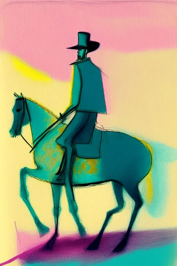 Man on horseback in the style of Paul Klee, Degas, pastel chalk with thin sketchy lines, vibrant colours, ink transfer