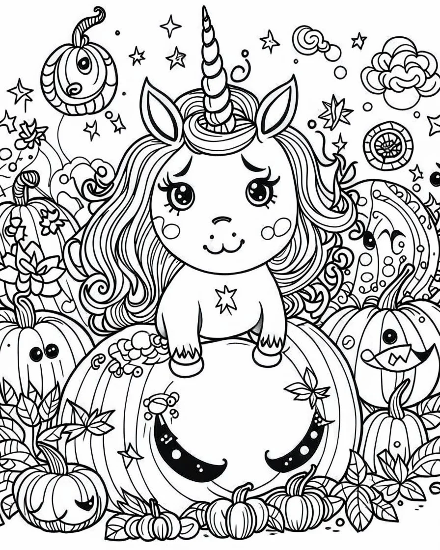 A unicorn with pumpkins and ghosts, kawaii style, fine lines, black and white, coloring page for adults