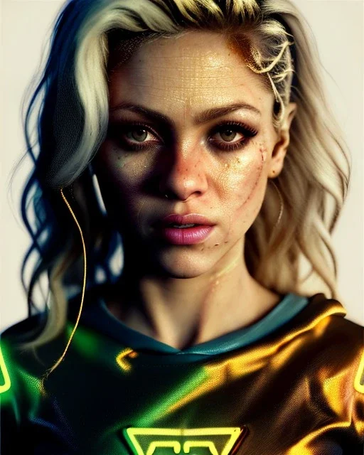 portrait, Shakira, blonde artist, angry, Realistic image, hoodie, mma gloves, combat posing, make-up make-up, gold line make-up, sweat, fog, goddess style, Neon colors, leds. Black background, photo studio, concept art, smooth, unreal engine 5, god lights, ray tracing, RTX, lumen lighting, ultra detail, volumetric lighting, 3d, finely drawn, high definition, 4k.