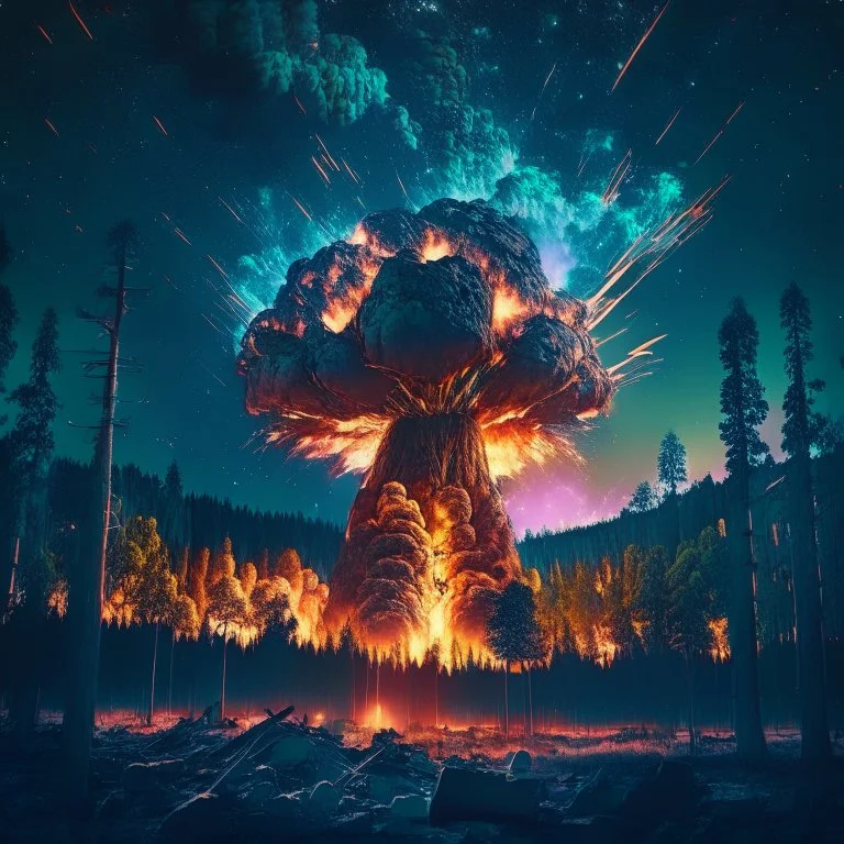 giant radioactive explosion destroy a forest, night starry sky in background, 8k resolution, photorealistic, ultra detailed