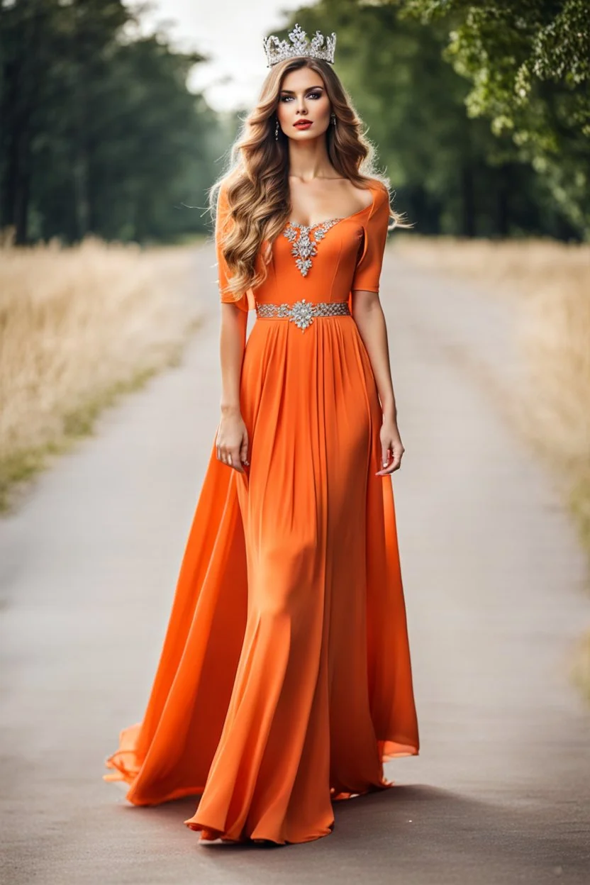 very beautiful ukrain lady wearing orange pretty maxi flared dress with hair silver crown ,standing idle pose