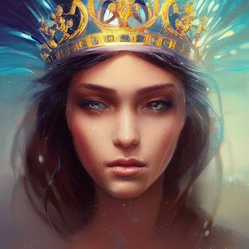 girl, cute, beautiful, water queen, crown on head, waves, close up portrait by Greg Rutkowski