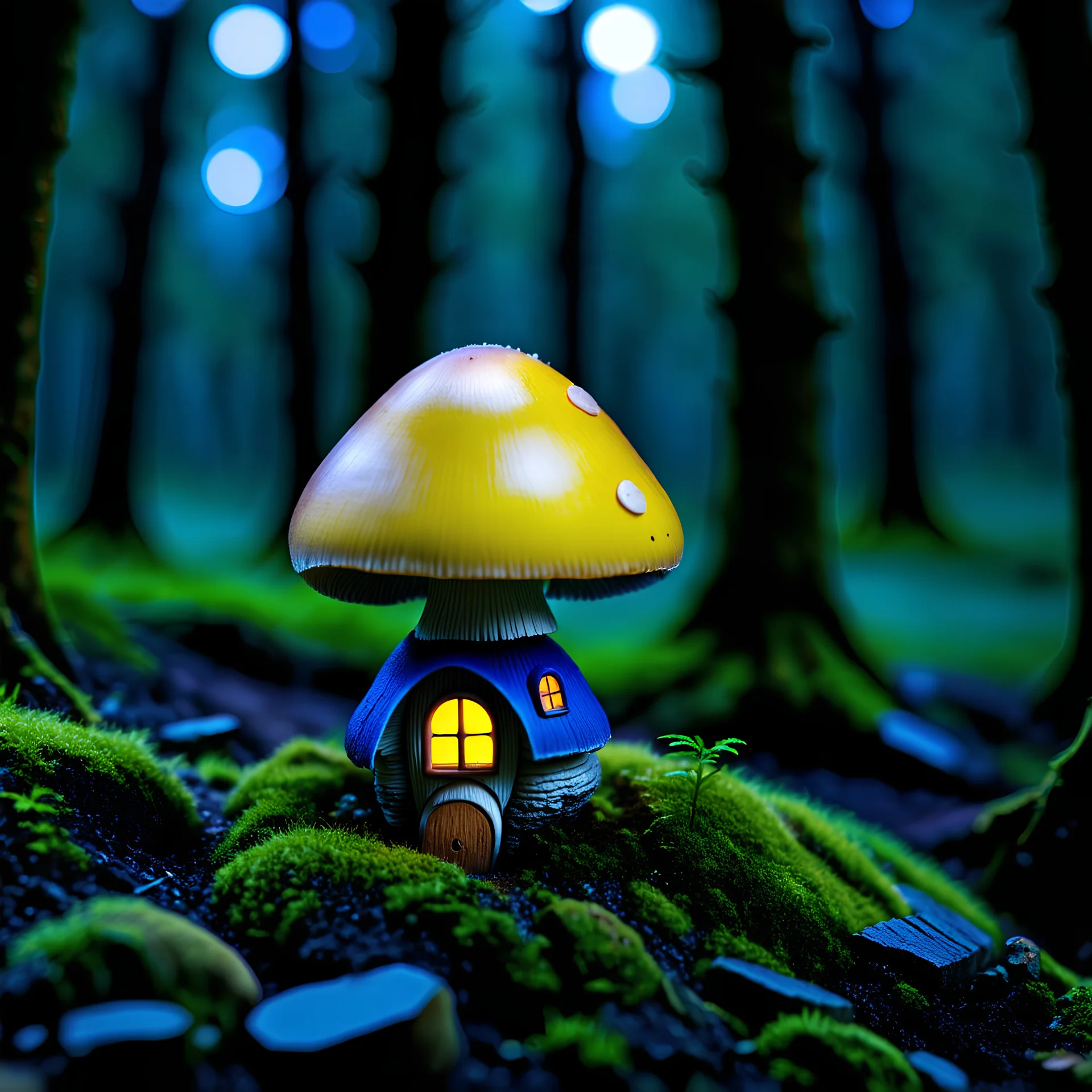 "Close up of a wonderful tiny Mushroom Tower home. Yellow and indigo with bright white, deep black and contrasting tones of gray. Illuminated bioluminescent forest. Professional painter, master at composition. small but detailed. broken, blurred background, voluminous lighting"