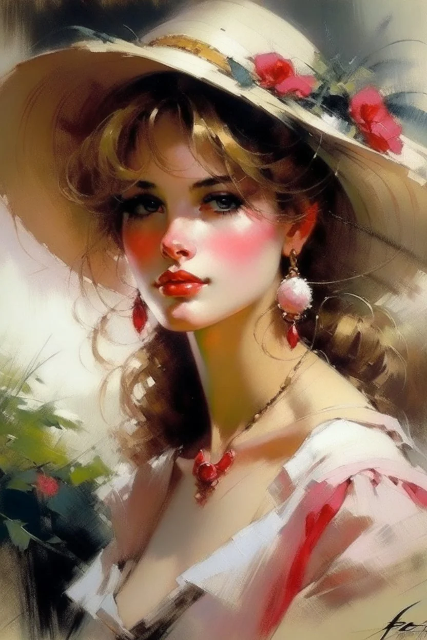 pretty french female,royo,1980s, splash art,