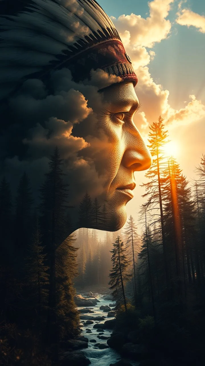 portrait of native Indian Double exposure surreal digital art of a mysterious , his face in profile, blending seamlessly into the shape of the clouds . a magical forest scene unfolds, illuminated by golden light rays, with tall trees and a flowing river.