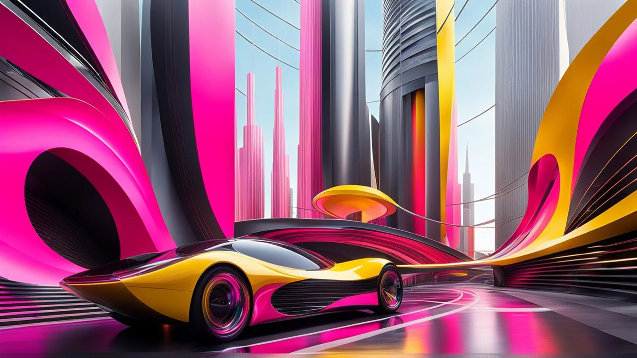 (hustle and bustle:55), (loop kick:10), (deconstruct:28), retro futurism style, urban canyon, cars of future oncoming, smooth curves, swirl dynamics, great verticals, great parallels, amazing reflections, excellent translucency, hard edge, colors of metallic grey and warm yellow and lollipop pink