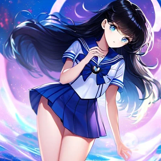 Clear focus, High resolution, girl wearing a purple sailor moon outfit, long fluffy black hair, blue eyes, wearing a sailor uniform skirt including color and length