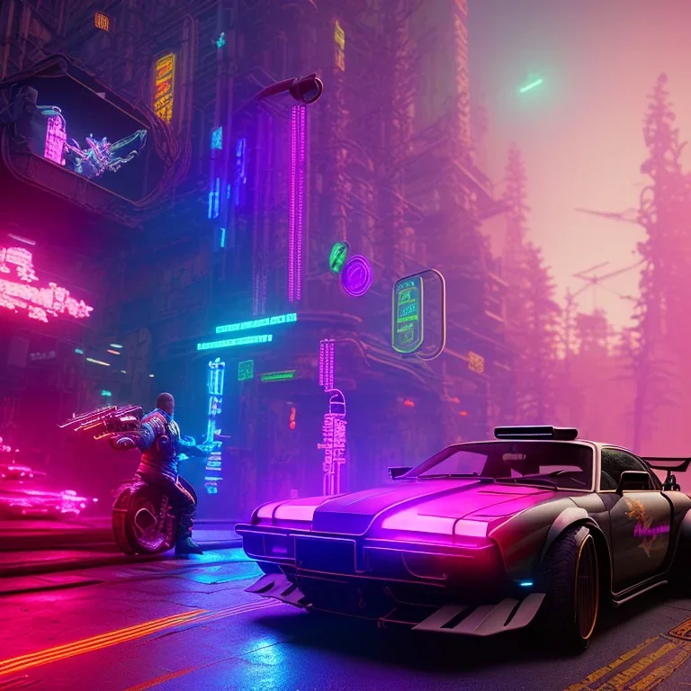 photo quality, unreal engine render, highest quality, vivid neon colors, volumetric lighting, cyberpunk 2077, ninja, bike, deep colors in a dark setting background, post-apocalyptic,