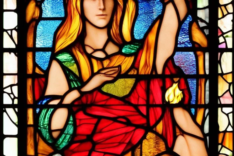 Cloaked woman holding fire, 8K, high body details, anatomically perfect bod, stained glass window