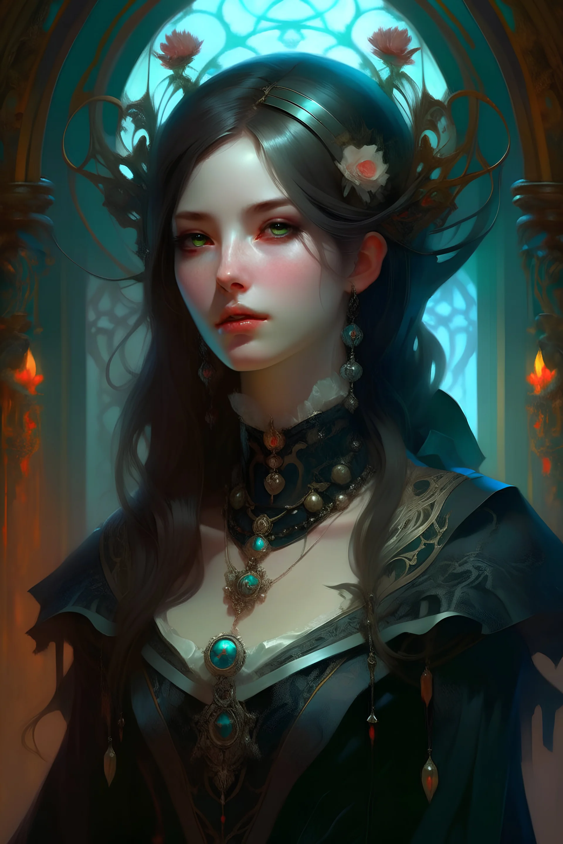 Portrait of beautiful pale gothic maiden, warhammer 40000, cyberpunk, intricate, elegant, highly detailed, digital painting, artstation, concept art, smooth, sharp focus, illustration, art by artgerm and greg rutkowski and alphonse mucha and Gustav Klimt and Ilya Kuvshinov