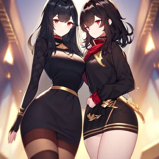 Clear Focus, High resolution, black medium fluffy hair, hair parted so beatifully, red eyes, wearing a red collar, wearing a black shirt that is half black and half gold, one sleeve is golden and the other is black, wearing a short black skirt with gold at the bottom, black fingerless gloves, long golden stockings, smiling, extreme close up