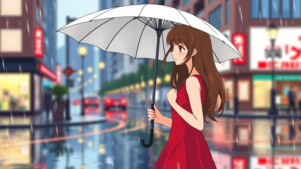 colorful flat illustration classical animes, A young Caucasian woman with long brown hair wearing a red dress and holding a white umbrella, walking alone on a rainy city street with blurred buildings and lampposts in the background, draw art style influenced by japanese artists, niji, black outlines