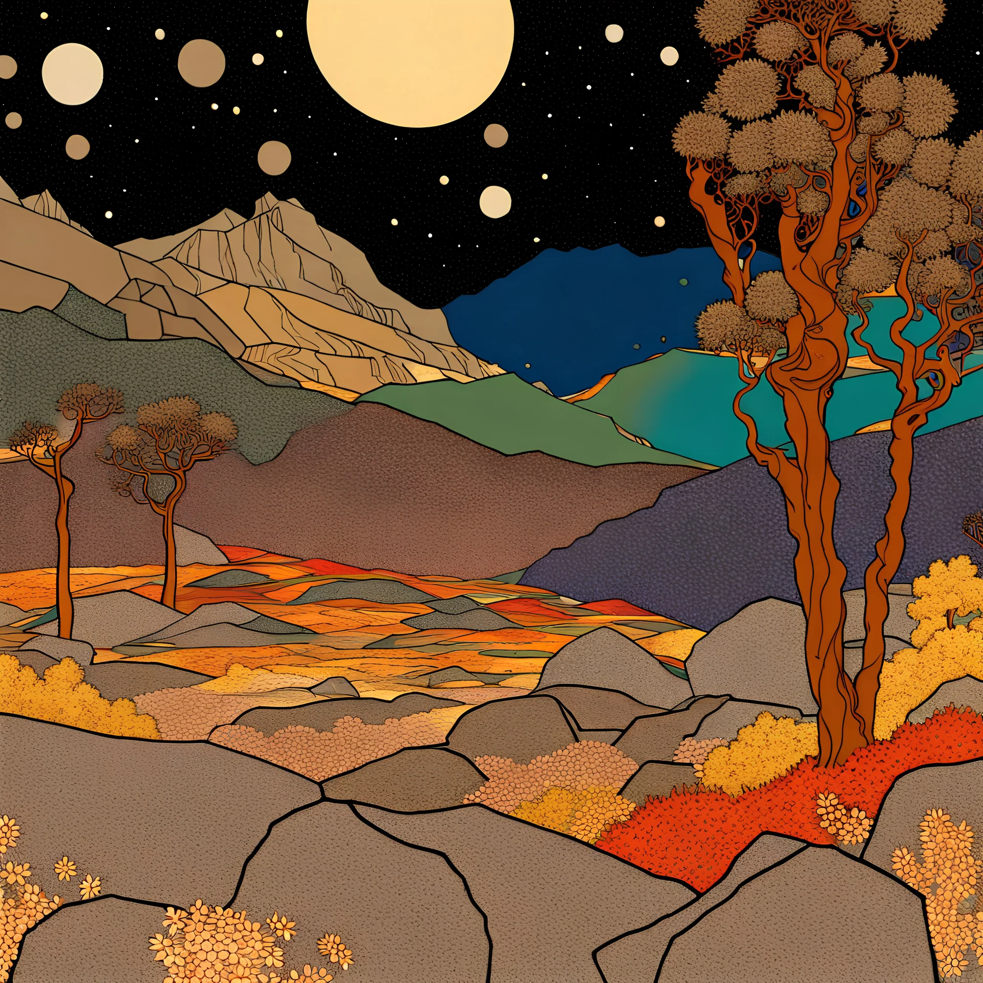 Colourful, peaceful, Egon Schiele, Gustav Klimt, night sky filled with galaxies and stars, desert, rocks, trees, flowers, one-line drawing, sharp focus, 8k, deep 3d field, intricate, ornate