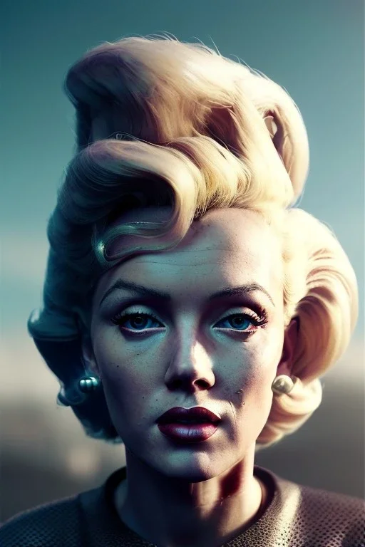 Ultra Realistic retro sci-fi scene, portrait, blonde woman, sweet young Marilyn Monroe face, perfect iris, tight latex coat, Strange planet background, Retro sci-fi style helmet, fog, rain, soft color, highly detailed, unreal engine 5, ray tracing, RTX, lumen lighting, ultra detail, volumetric lighting, 3d, finely drawn, high definition, high resolution.