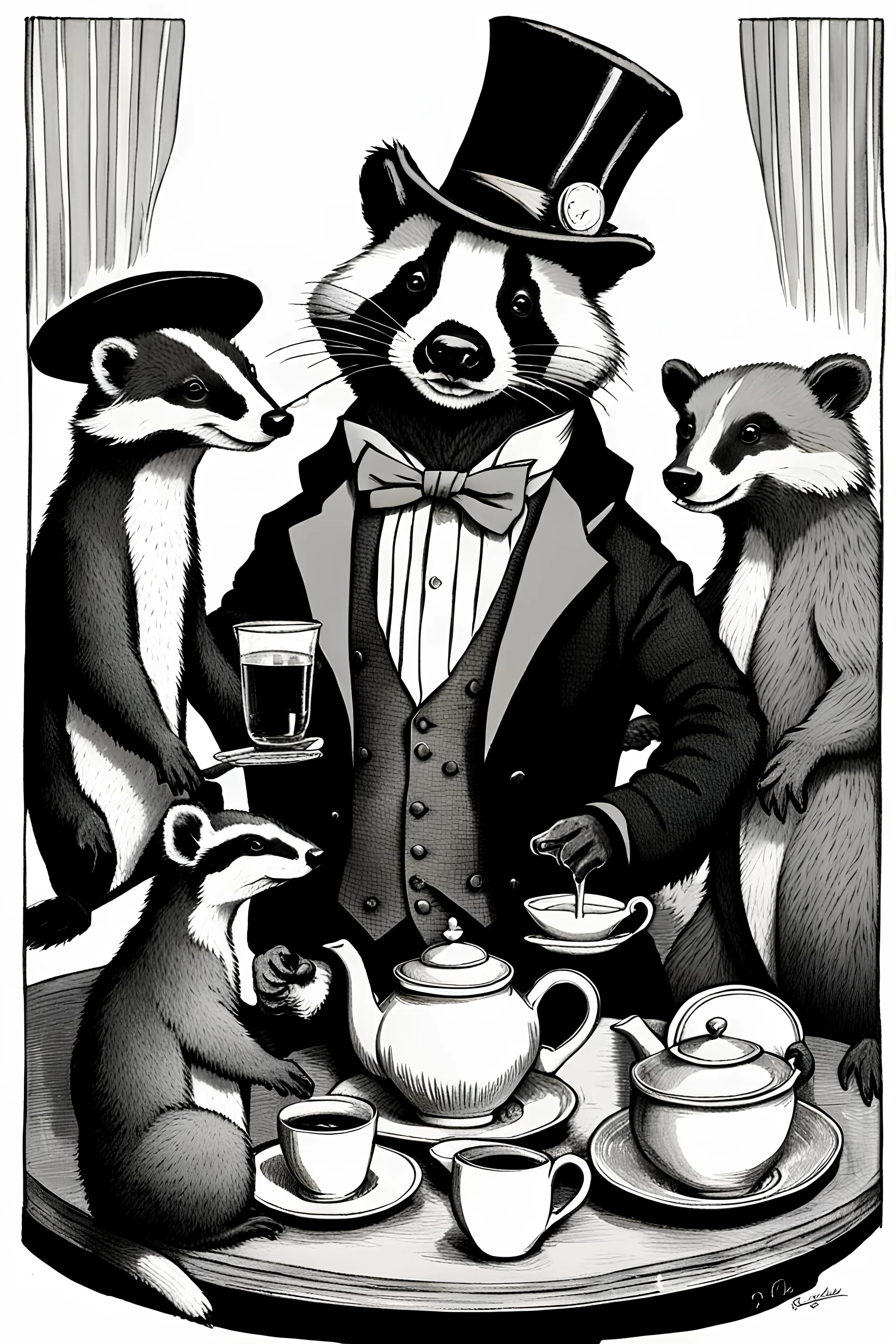 Anthropomorphic European badger wearing a monocle and tophat having a tea party with his animal buddies. Photograph.