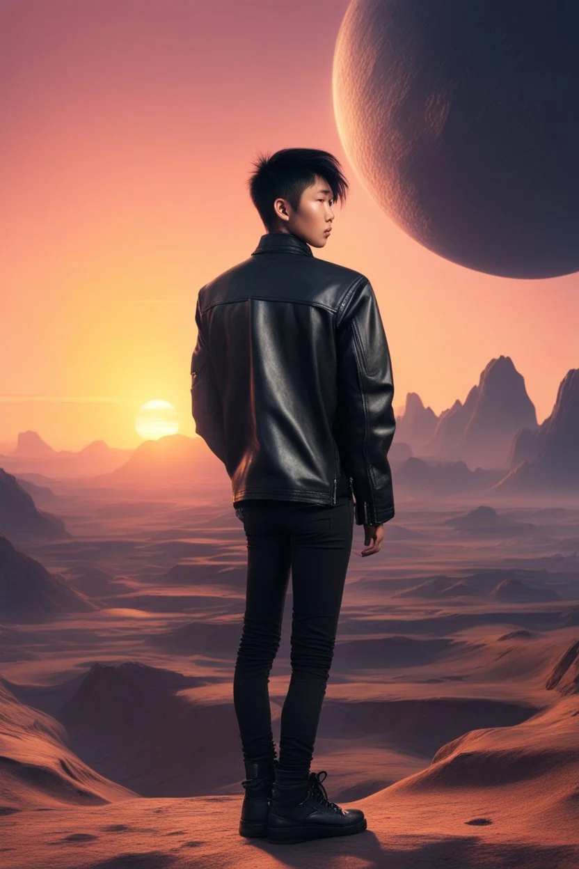 Asian in a leather jacket on a strange planet looking at the sunset