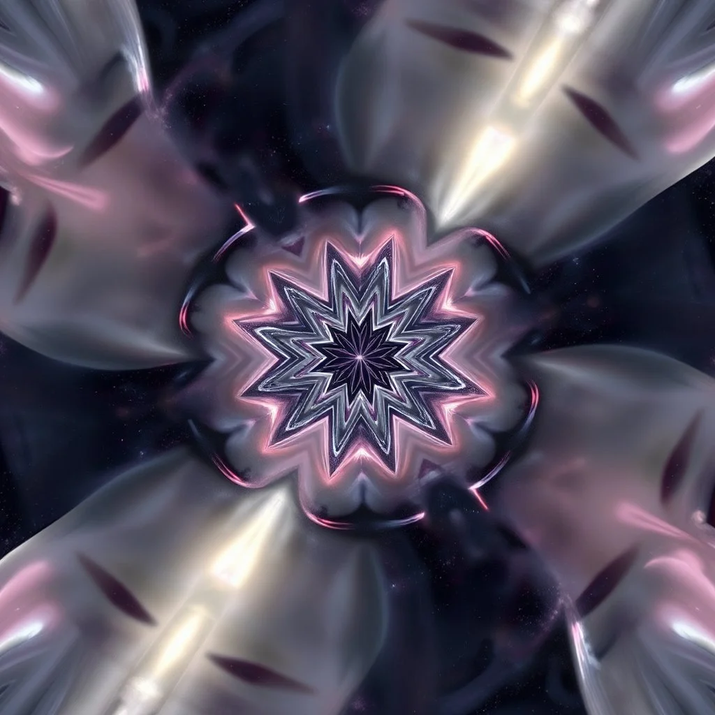 Mesmerizing abstract 3d visual, recursive Symmetrical structure of flowing translucent shapes, centered, soft aesthetic, negetive space.galaxsy background