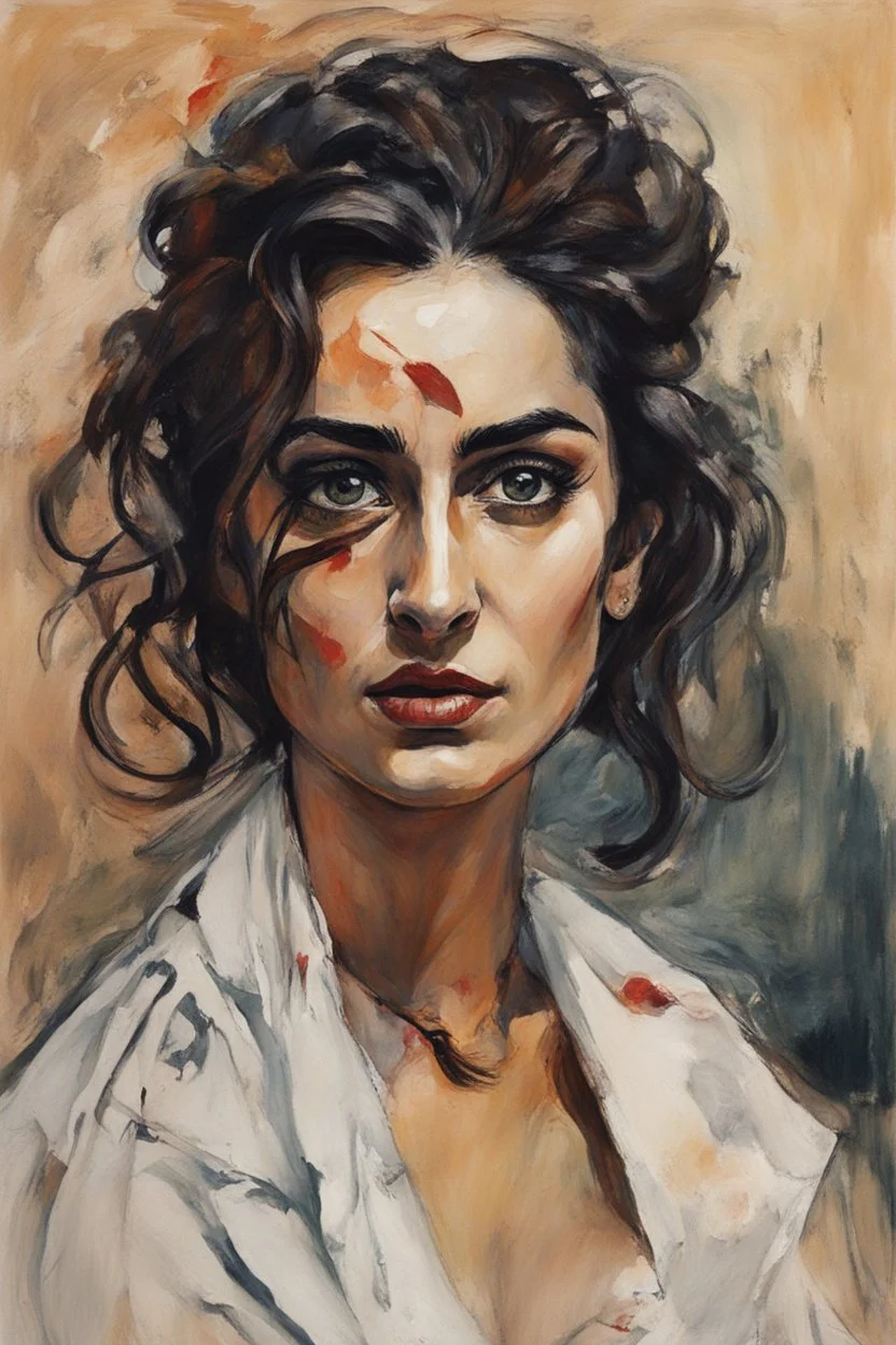 Painting of Penelope Cruz as a vampire girl, in the Expressionist style of Egon Schiele, Oskar Kokoschka, and Franz Marc, in muted natural colors