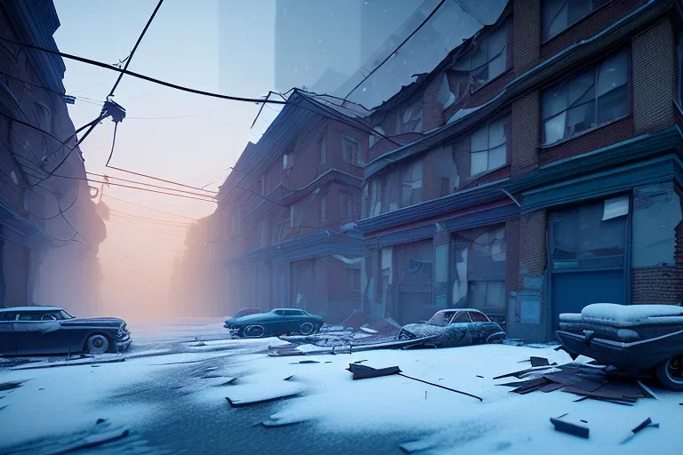 Michigan, streets of detroit, slums, snow, winter , run down, residental homes , destroyed buildings, unity, scriptable render pipeline , blue tone, volumetric , blue emission , fog , lighting.