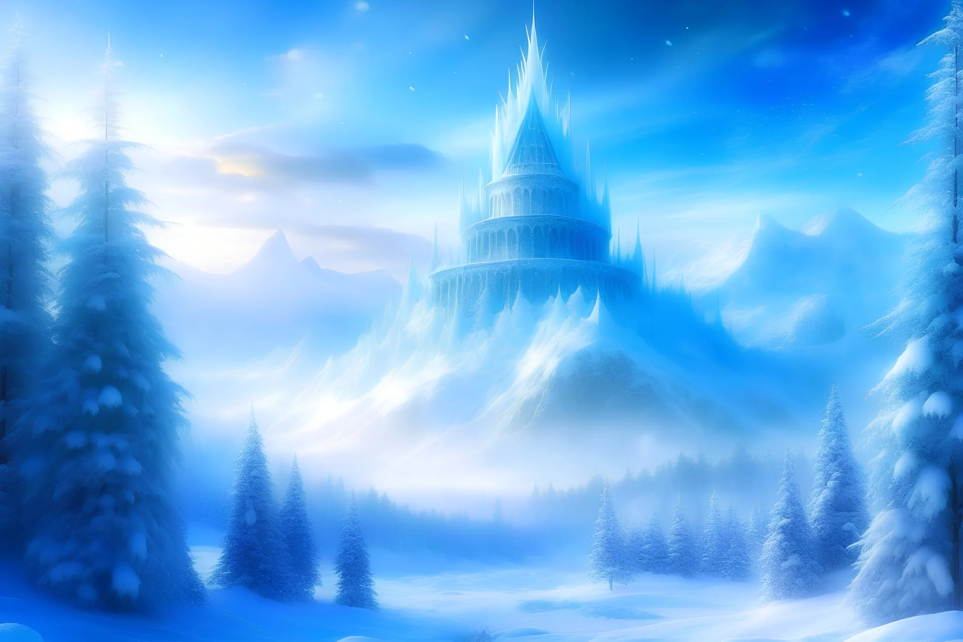 Generate an image depicting a vast, magical land of ice and snow, with towering snow-covered trees, a majestic ice palace in the distance, and gentle snowflakes falling from the sky."