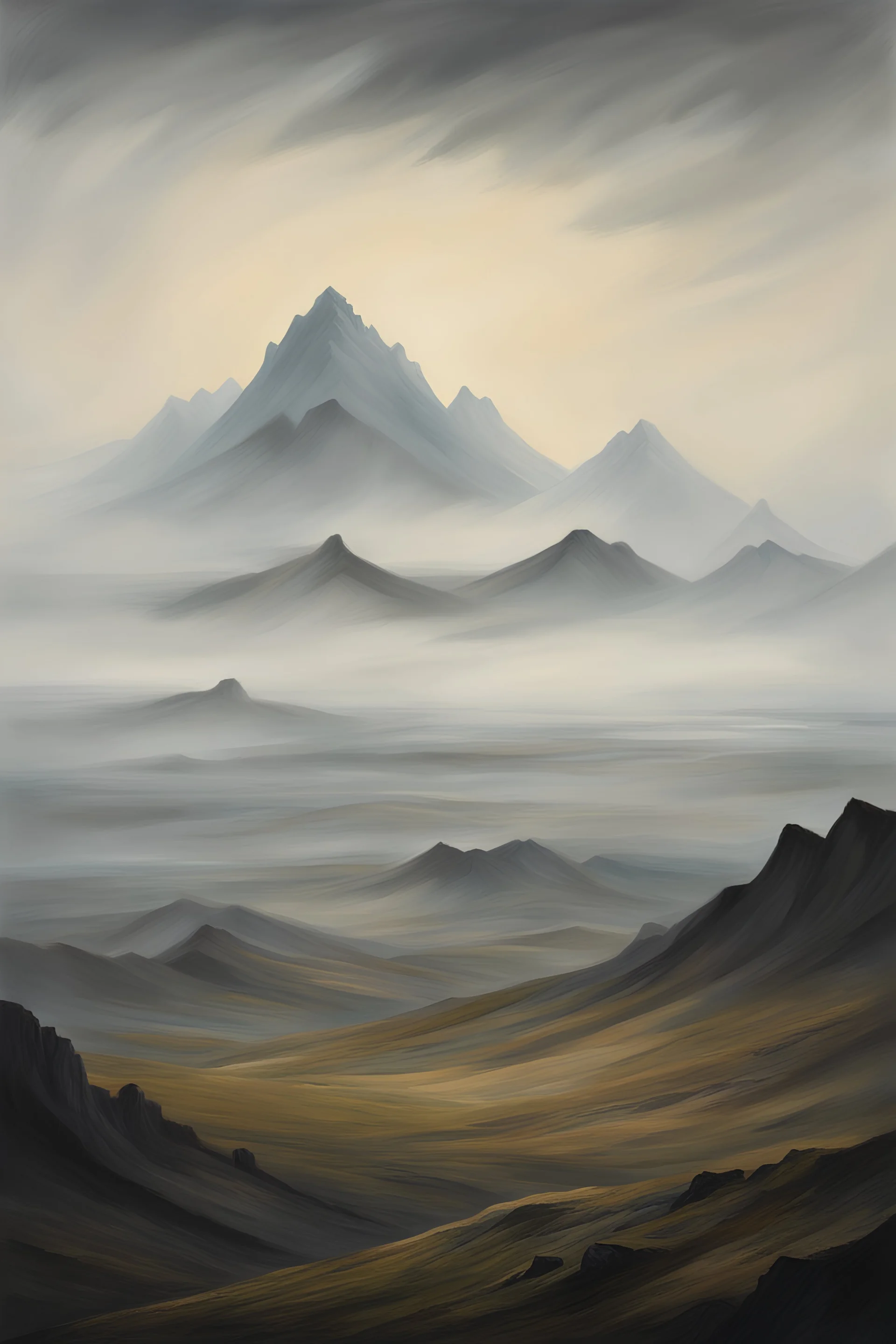 Iceland landscape painting in the style of CASPAR DAVID FRIEDRICH, fog, mountains