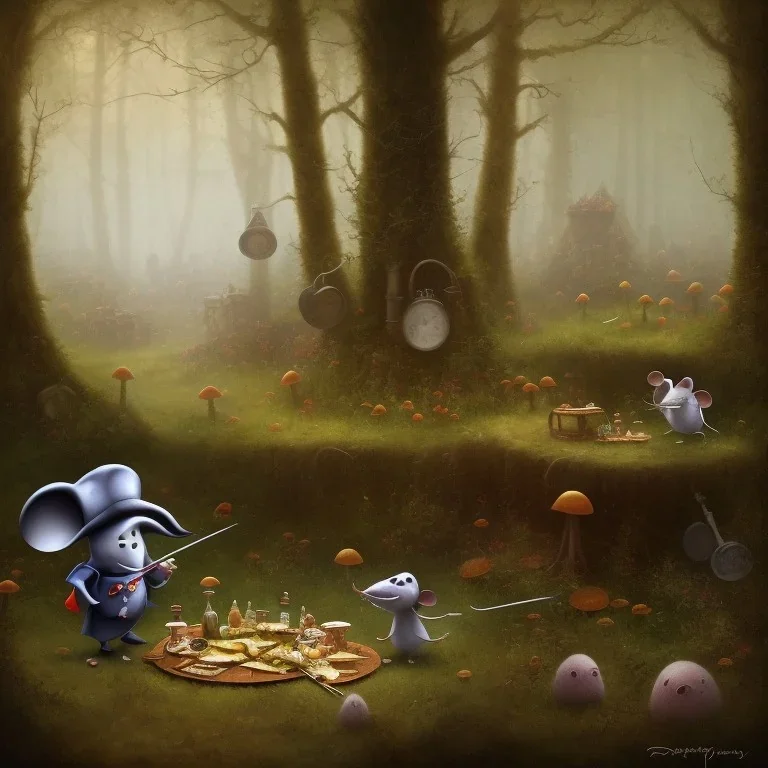 A Plague Doctor (AND) a Mouse having a port & cheese party in a forest of mushrooms by a river, art by Pixar and Dreamworks