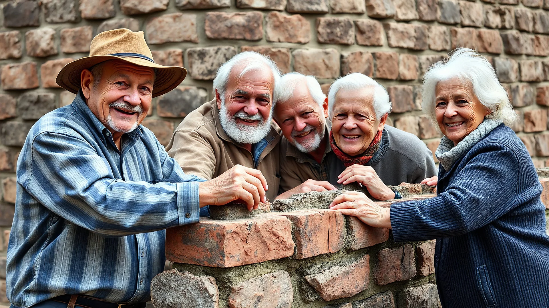 Elderly pensioners building a wall. Everyone is happy. Photographic quality and detail, award-winning image, beautiful composition.