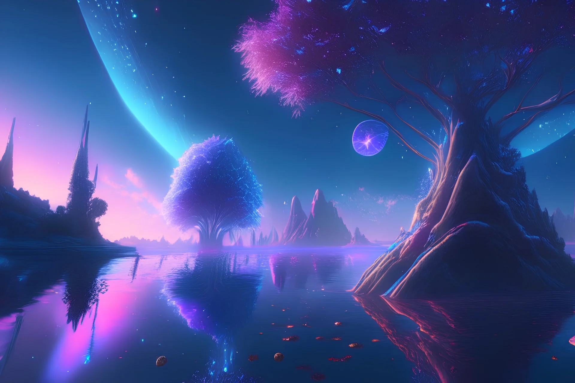 blue and gold crystal cosmic and galactic ambiance sky trees river lake surreal, full of details, smooth, bright sunshine，soft light atmosphere, light effect，vaporwave colorful, concept art, smooth, extremely sharp detail, finely tuned detail, ultra high definition, 8 k, unreal engine 5, ultra sharp focus