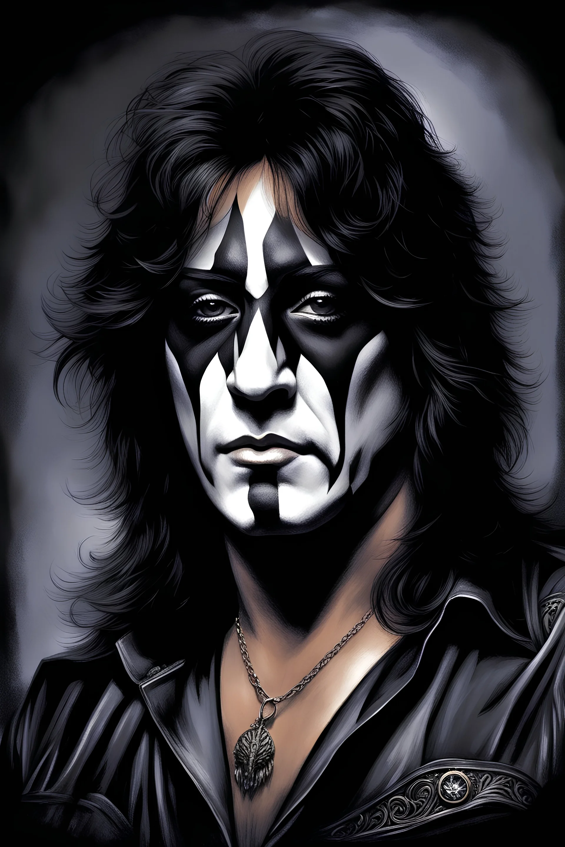 30-year-old Peter Criss (Drummer) with shoulder length, wavy, straight black and gray hair, with his face made up to look like a cat's face - in the art style of Boris Vallejo, Frank Frazetta, Julie bell, Caravaggio, Rembrandt, Michelangelo, Picasso, Gilbert Stuart, Gerald Brom, Thomas Kinkade, Neal Adams, Jim Lee, Sanjulian, Thomas Kinkade, Jim Lee, Alex Ross,