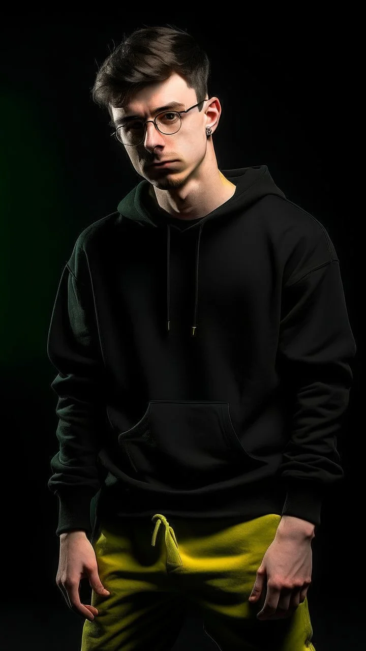 generate a tall guy with green eyes, black short hair, black rectangular glasses, plump lips, wide shoulders, in a black sweatshirt, black pants with pockets on the hips, yellow short socks, in black sneakers, wide shoulders, the guy is crying