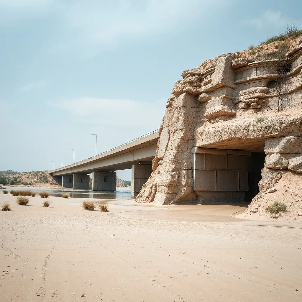 Fotografia di una autostrada moderno brutalista, che sembra un tugurio, parzialmente sommerso. La struttura è erosa e inglobata dal paesaggio naturale, come se il tempo o l'ambiente avessero iniziato a "riassorbirla". No. L'atmosfera è desolata e surreale, con un ambiente circostante spoglio e sabbioso hasselblad h6d400c --ar 85:128 --v 6.0