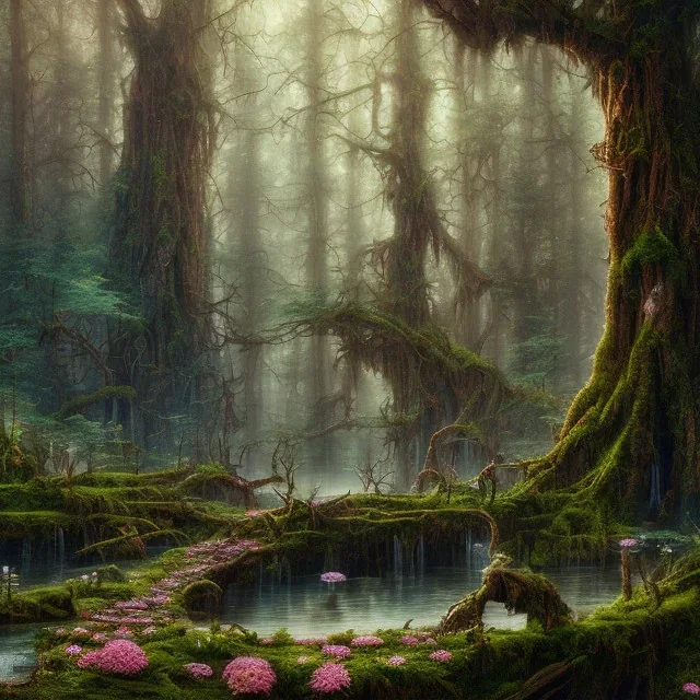 high-quality, fine-detail beautiful, breath-taking forest with gnarled trees, flowers, clear reflective lake, tranquil, stunning, 8k resolution, intricate, digital art, detailed matte, volumetric lighting, George Grie, Anne Dittman, Anne Stokes, Lisa Parker, Selina French