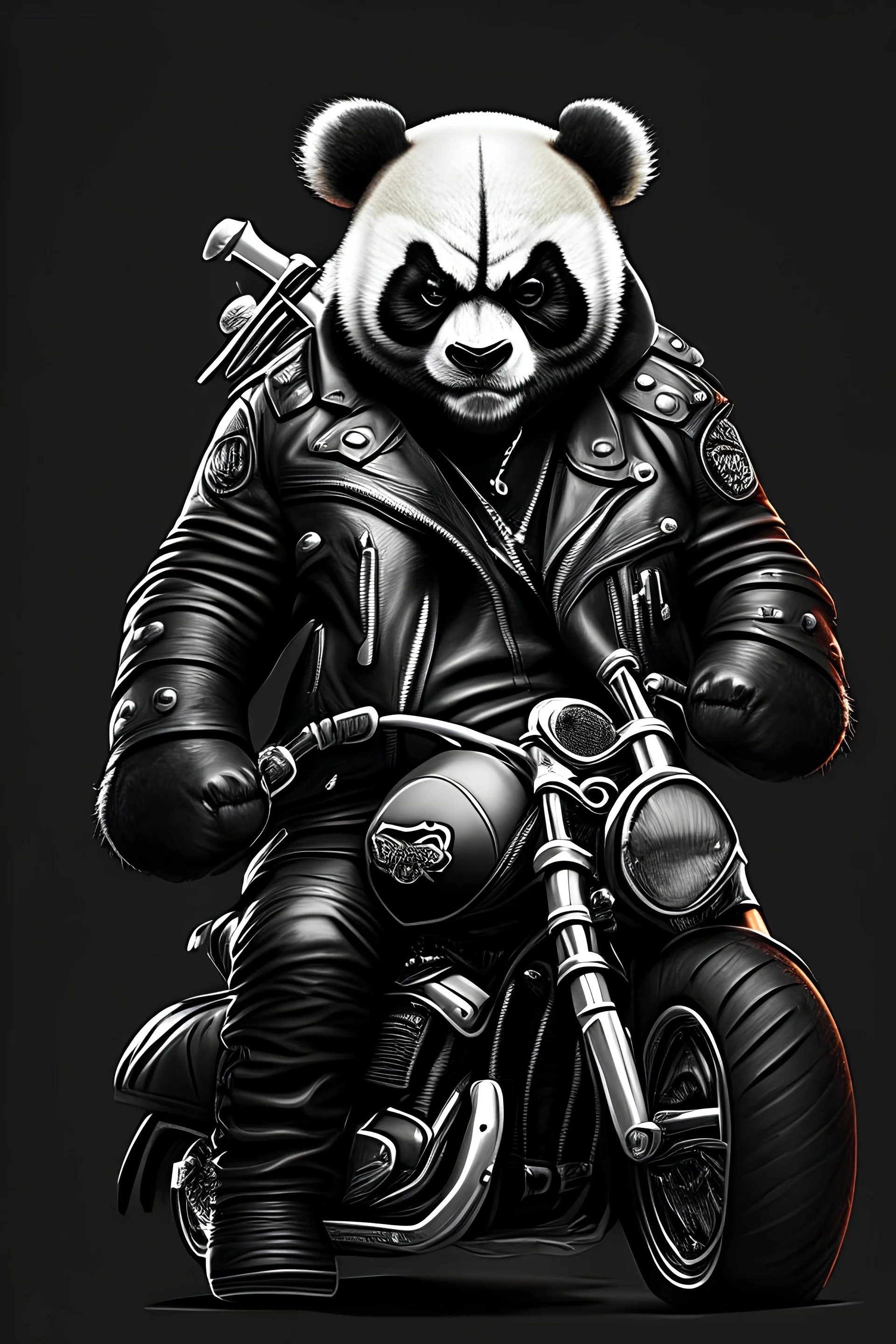 angry gangster panda wearing leather jacket riding harley davidson, angry, full body, full detail, no background color.